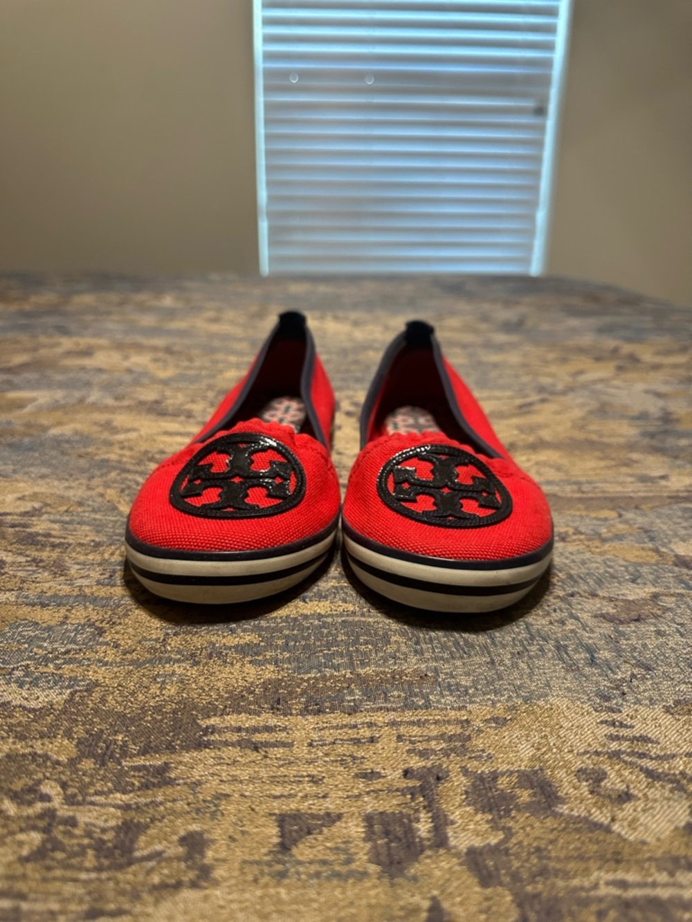 Tory Burch Red Canvas Logo Slip-On Loafers - Picture 2 of 6